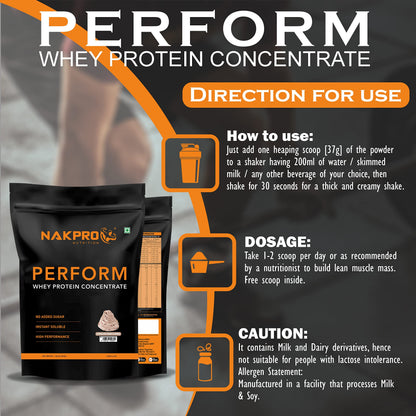 NAKPRO NUTRITION Perform Whey Protein Concentrate, 1kg Banana Flavor, 24g Protein Per 37g Scoop, Adult Powder Supplement - ba