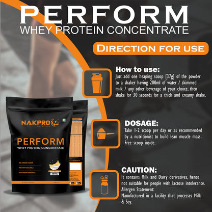 NAKPRO NUTRITION Perform Whey Protein Concentrate, 1kg Banana Flavor, 24g Protein Per 37g Scoop, Adult Powder Supplement - ba