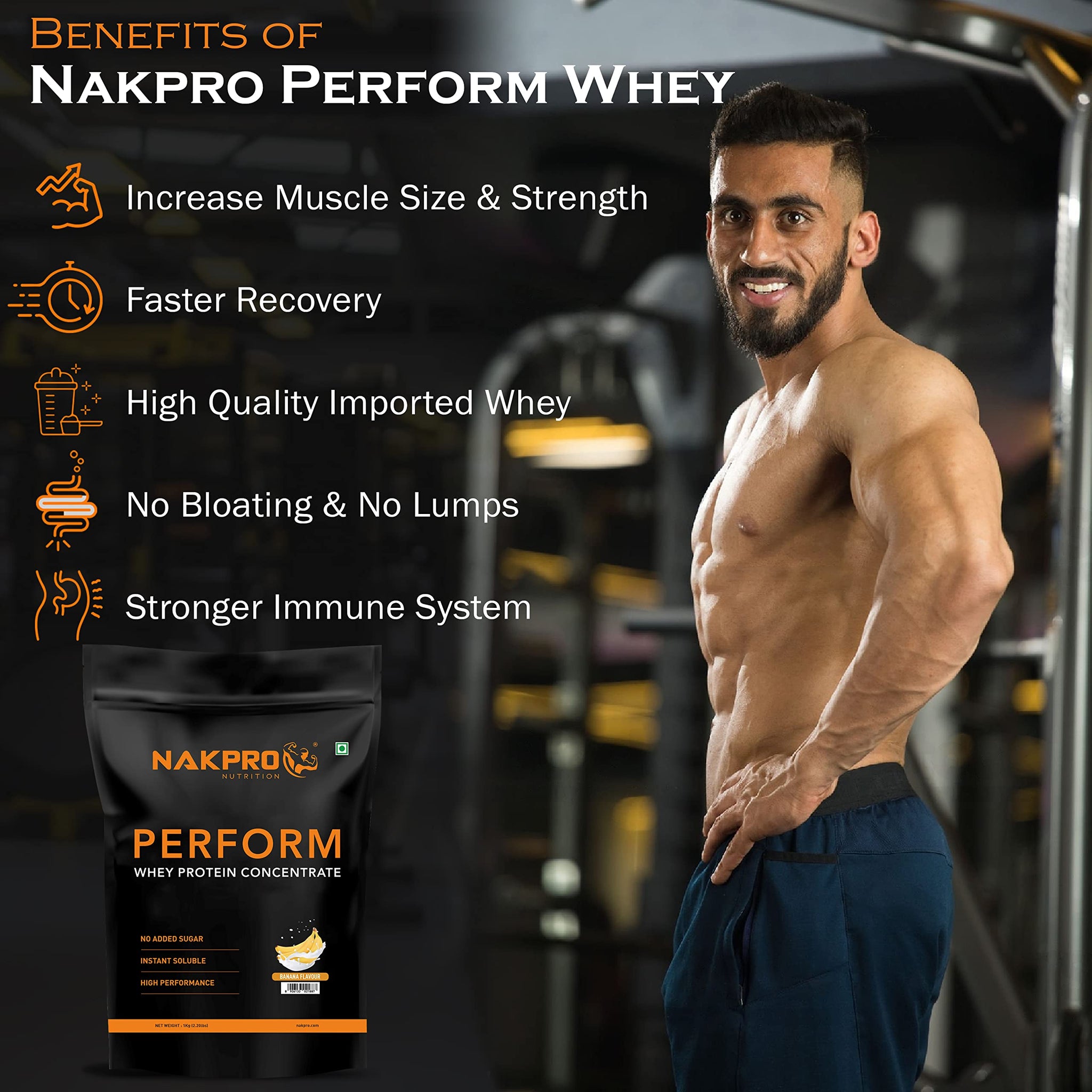 NAKPRO NUTRITION Perform Whey Protein Concentrate, 1kg Banana Flavor, 24g Protein Per 37g Scoop, Adult Powder Supplement - la