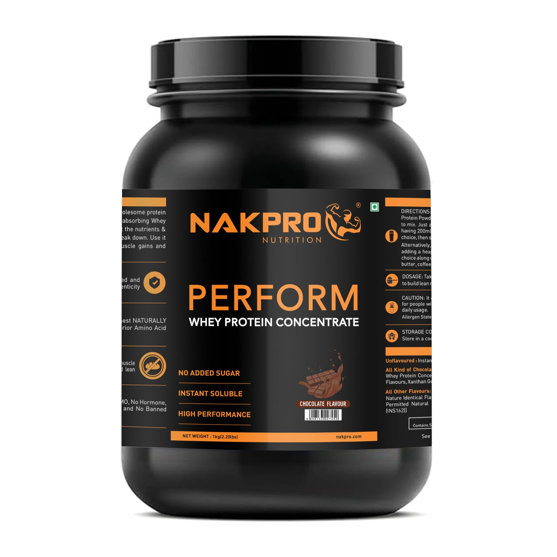 NAKPRO Nutrition Perform Whey Protein Concentrate, 1kg Chocolate Jar, 24g Protein, Trustified Certified