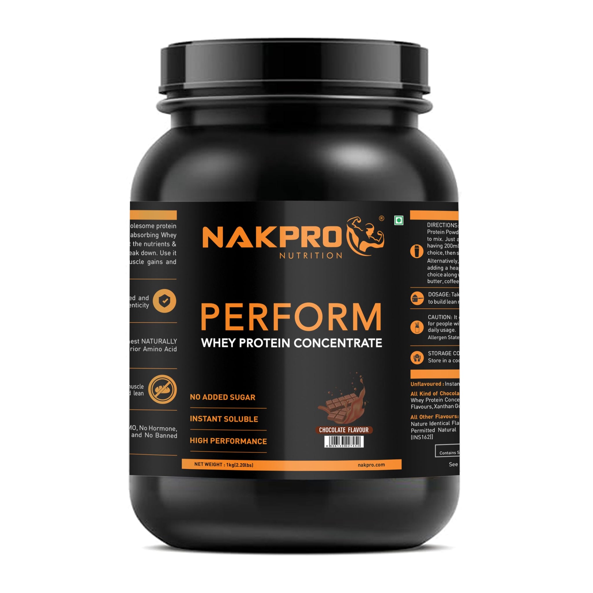 NAKPRO Nutrition Perform Whey Protein Concentrate, 1kg Chocolate Jar, 24g Protein, Trustified Certified