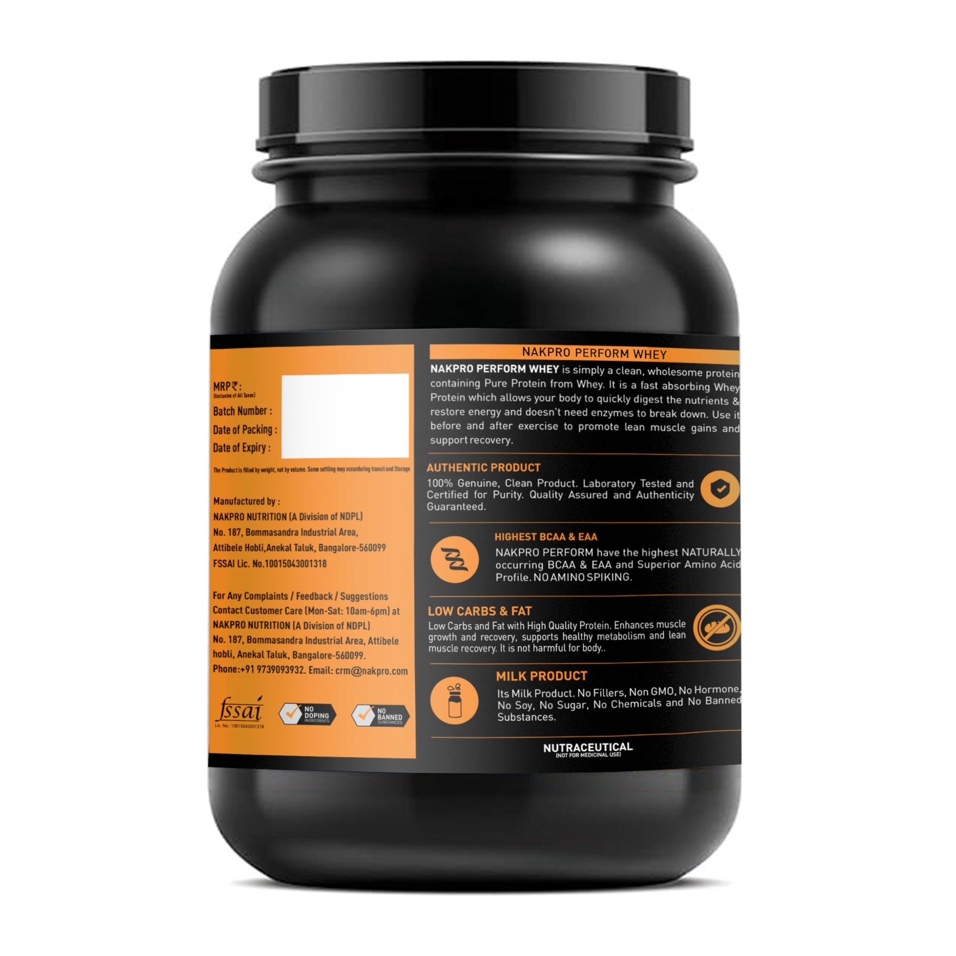 NAKPRO Nutrition Perform Whey Protein Concentrate, 1kg Chocolate Jar, 24g Protein, Trustified Certified - front view