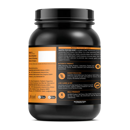 NAKPRO Nutrition Perform Whey Protein Concentrate, 1kg Chocolate Jar, 24g Protein, Trustified Certified - front view