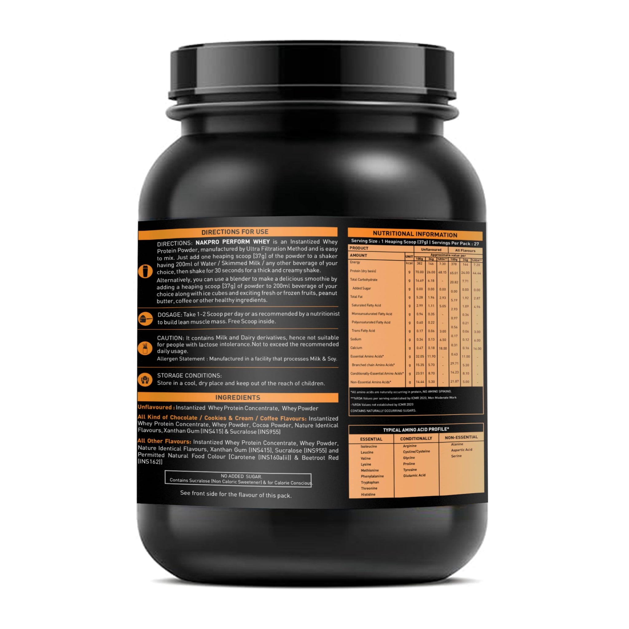NAKPRO Nutrition Perform Whey Protein Concentrate, 1kg Chocolate Jar, 24g Protein, Trustified Certified - back view