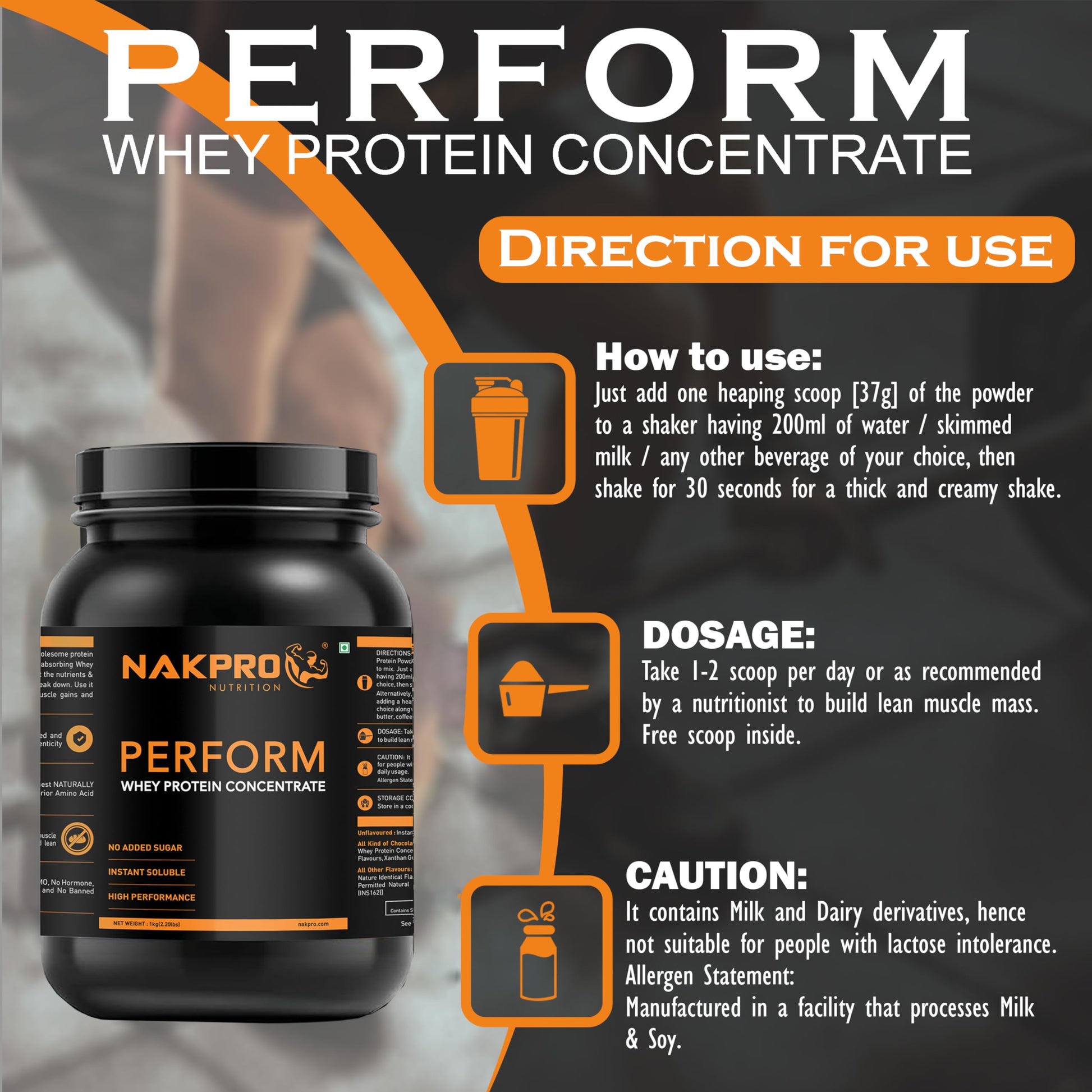 NAKPRO Nutrition Perform Whey Protein Concentrate, 1kg Chocolate Jar, 24g Protein, Trustified Certified - label detail