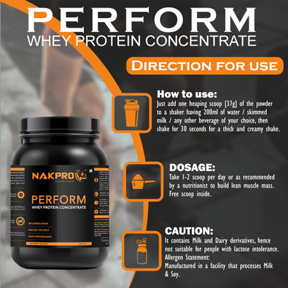 NAKPRO Nutrition Perform Whey Protein Concentrate, 1kg Chocolate Jar, 24g Protein, Trustified Certified - label detail