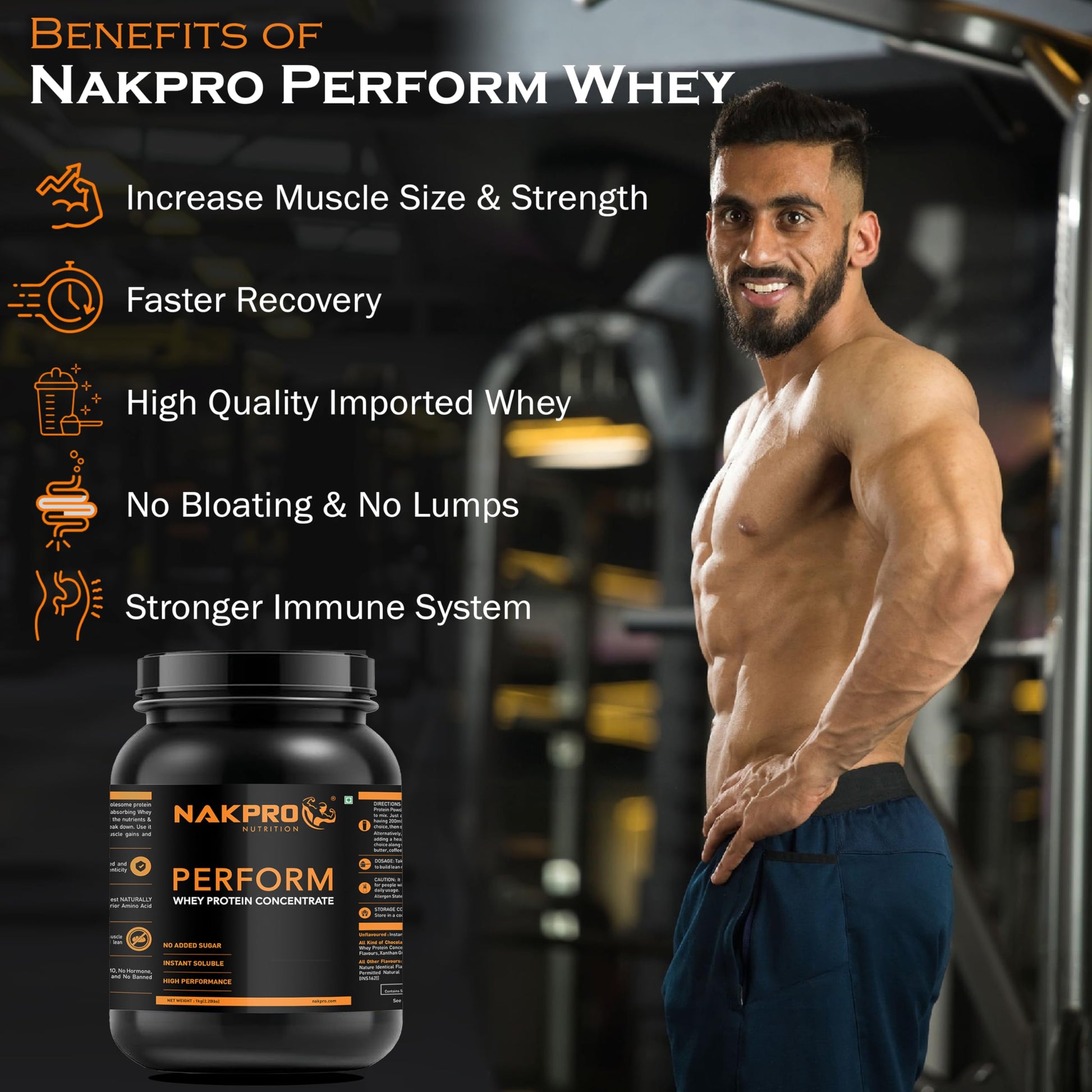 NAKPRO Nutrition Perform Whey Protein Concentrate, 1kg Chocolate Jar, 24g Protein, Trustified Certified - close-up detail