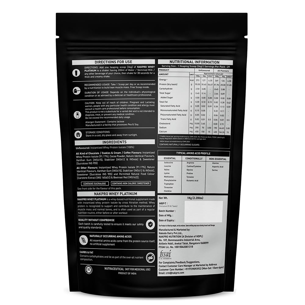 NAKPRO Platinum Whey Protein Isolate Powder, Cross-Flow Filtered, Trustified Certified, Adult Formula - front view (11)