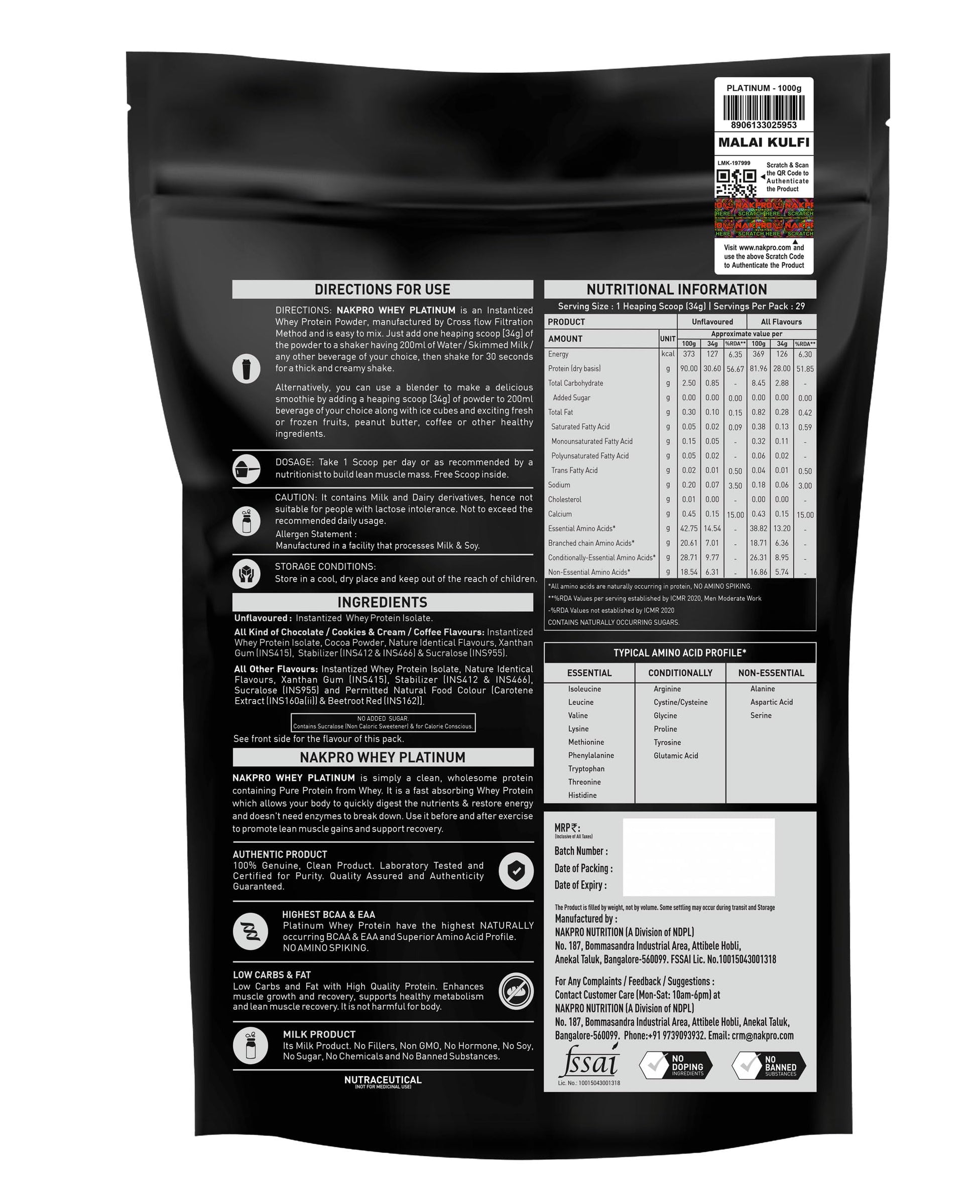 NAKPRO Platinum Whey Protein Isolate Powder, Cross-Flow Filtered, Trustified Certified, Adult Formula - front view (17)