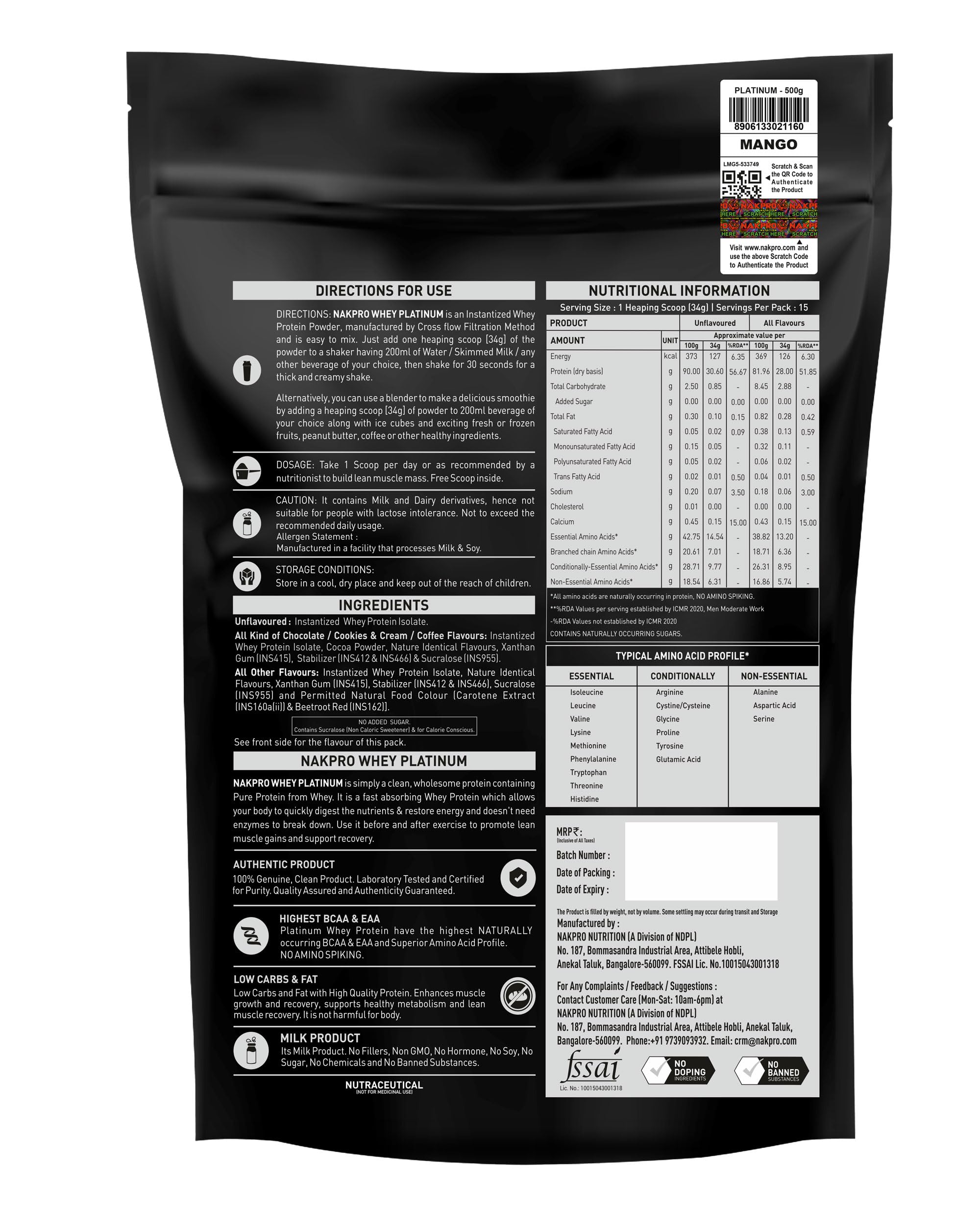 NAKPRO Platinum Whey Protein Isolate Powder, Cross-Flow Filtered, Trustified Certified, Adult Formula - front view (20)