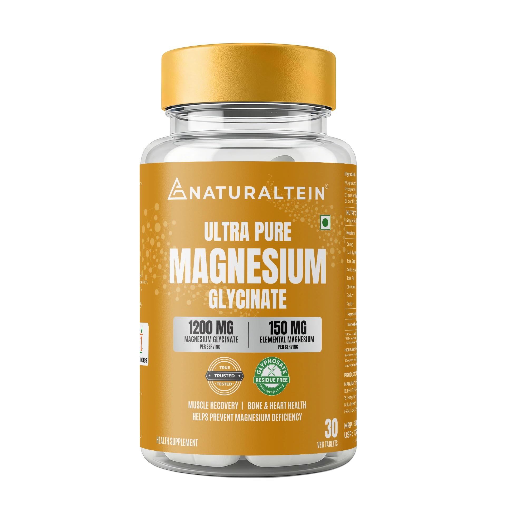 NATURALTEIN Magnesium Glycinate 1200mg, Chelated Mineral Supplement, 150mg Elemental Magnesium