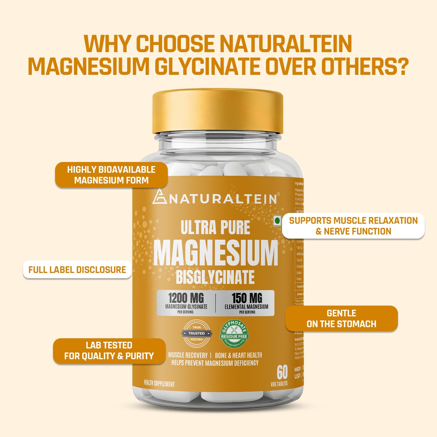 NATURALTEIN Magnesium Glycinate 1200mg, Chelated Mineral Supplement, 150mg Elemental Magnesium - back view (11)