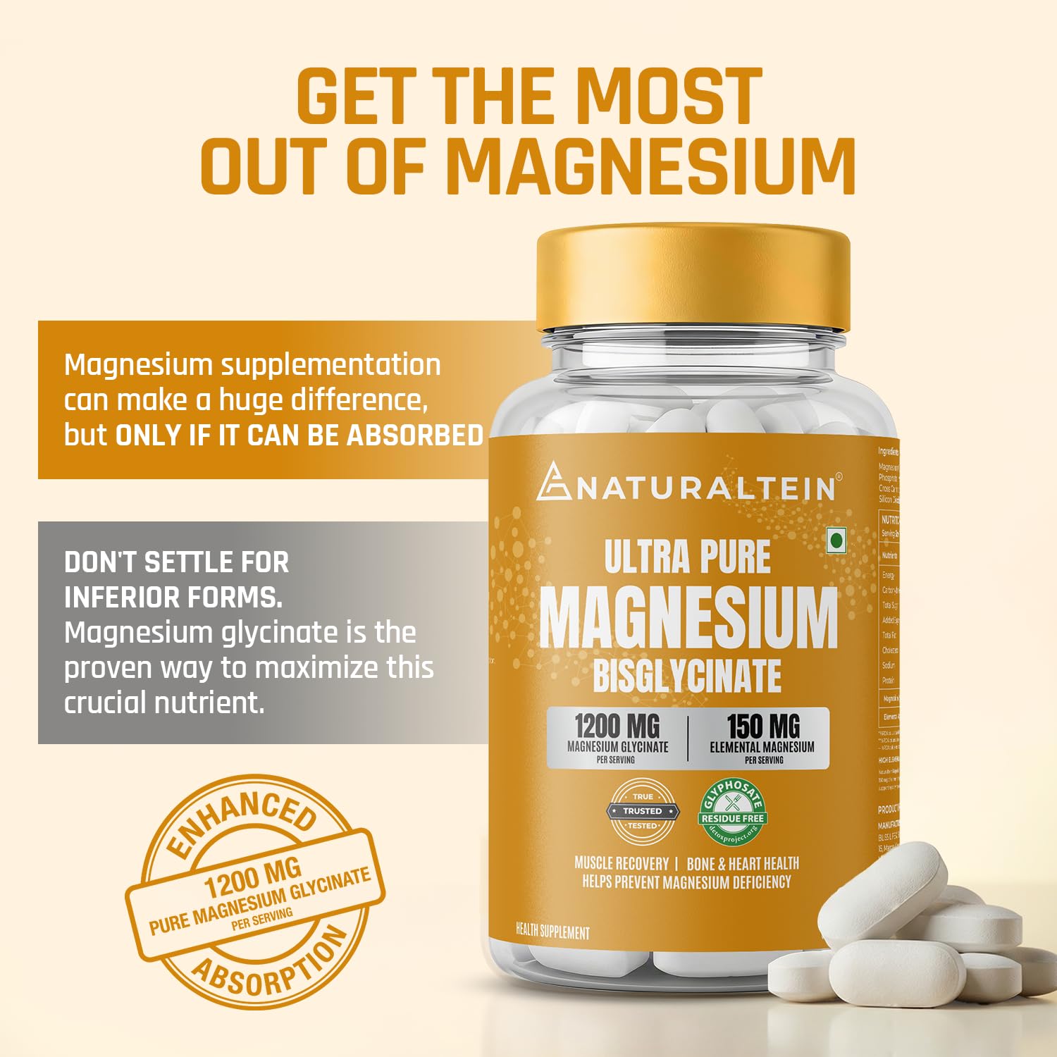 NATURALTEIN Magnesium Glycinate 1200mg, Chelated Mineral Supplement, 150mg Elemental Magnesium - label detail (13)