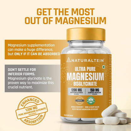 NATURALTEIN Magnesium Glycinate 1200mg, Chelated Mineral Supplement, 150mg Elemental Magnesium - label detail (13)