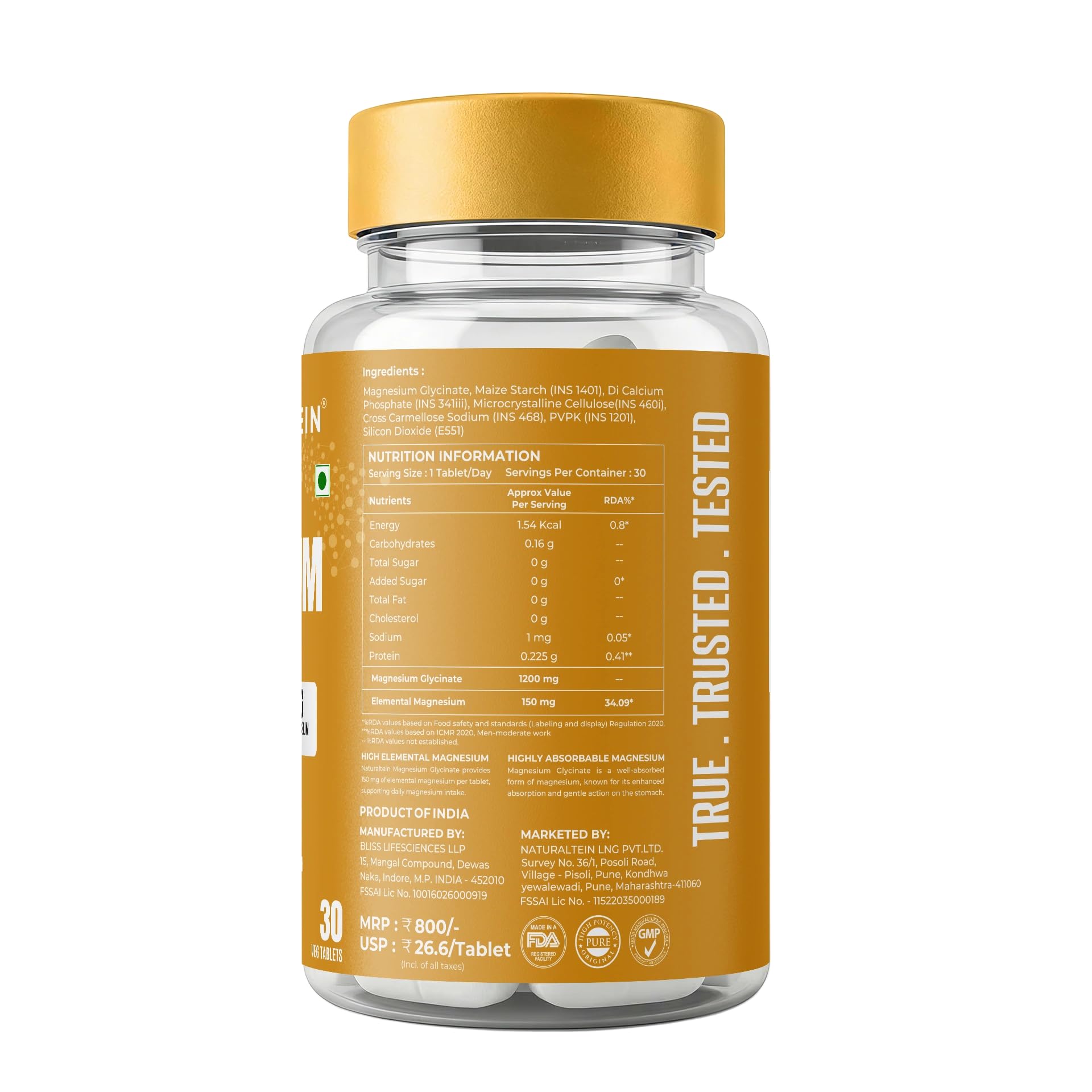 NATURALTEIN Magnesium Glycinate 1200mg, Chelated Mineral Supplement, 150mg Elemental Magnesium - front view