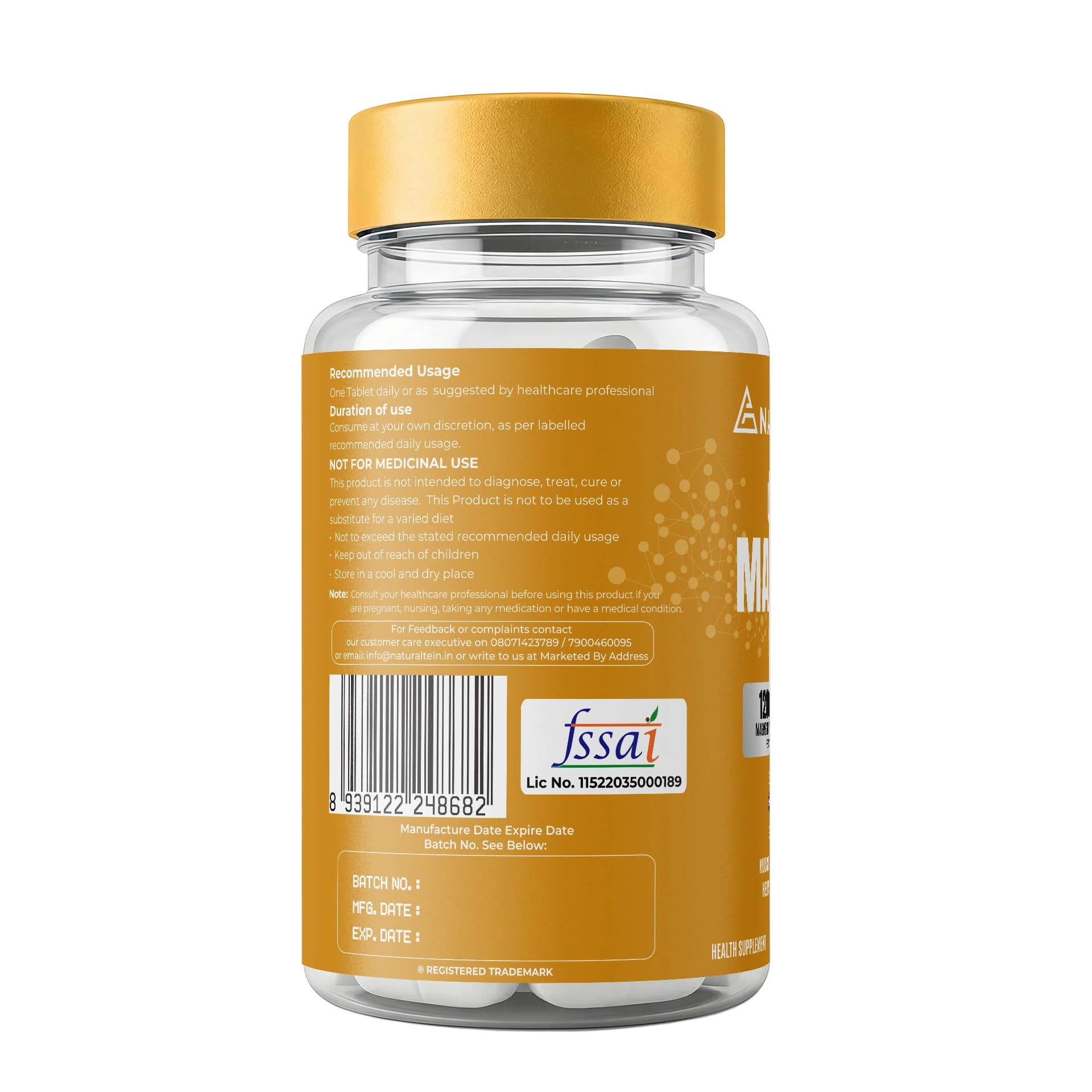 NATURALTEIN Magnesium Glycinate 1200mg, Chelated Mineral Supplement, 150mg Elemental Magnesium - back view