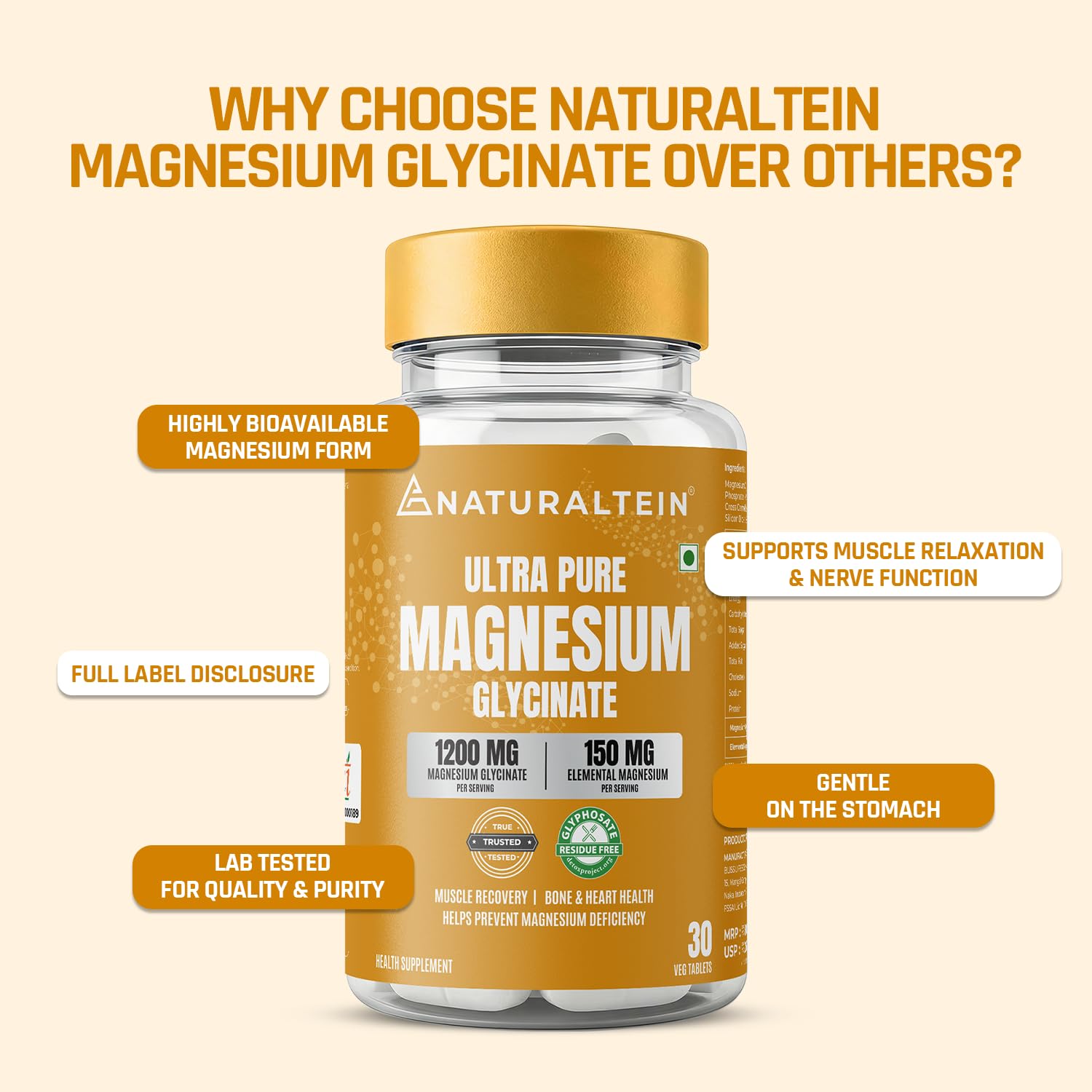 NATURALTEIN Magnesium Glycinate 1200mg, Chelated Mineral Supplement, 150mg Elemental Magnesium - packaging