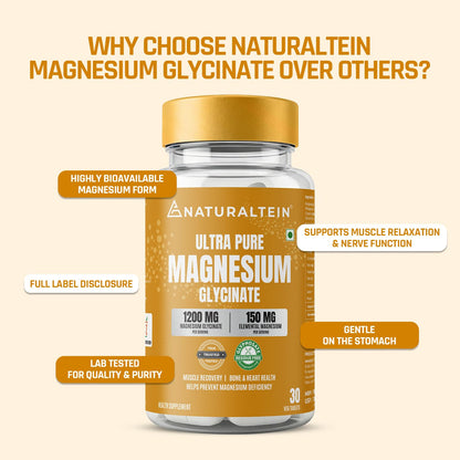 NATURALTEIN Magnesium Glycinate 1200mg, Chelated Mineral Supplement, 150mg Elemental Magnesium - packaging