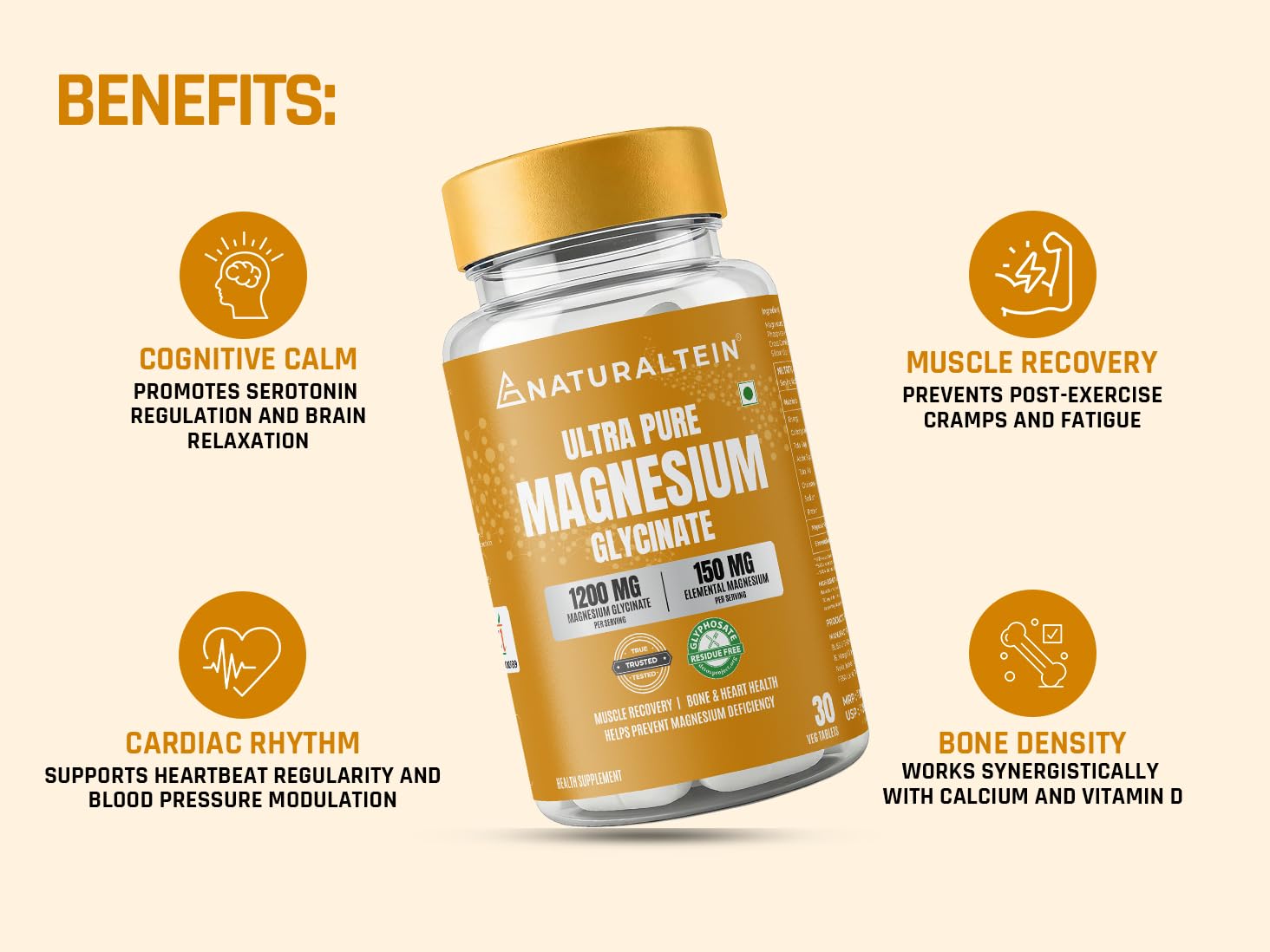 NATURALTEIN Magnesium Glycinate 1200mg, Chelated Mineral Supplement, 150mg Elemental Magnesium - close-up detail