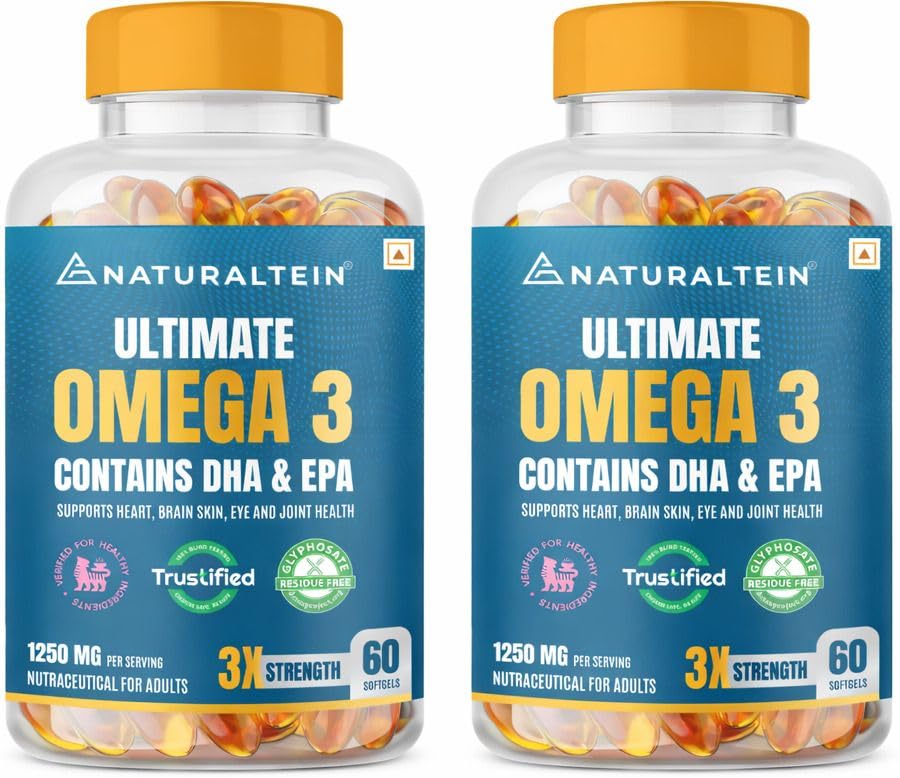NATURALTEIN Omega-3 Fish Oil Softgels, Triple Strength 1250mg, with Vitamin D3 & E, Triglyceride Form, Glyphosate-Free (10)