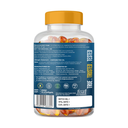 NATURALTEIN Omega-3 Fish Oil Softgels, Triple Strength 1250mg, with Vitamin D3 & E, Triglyceride Form, Glyphosate-Free - fron