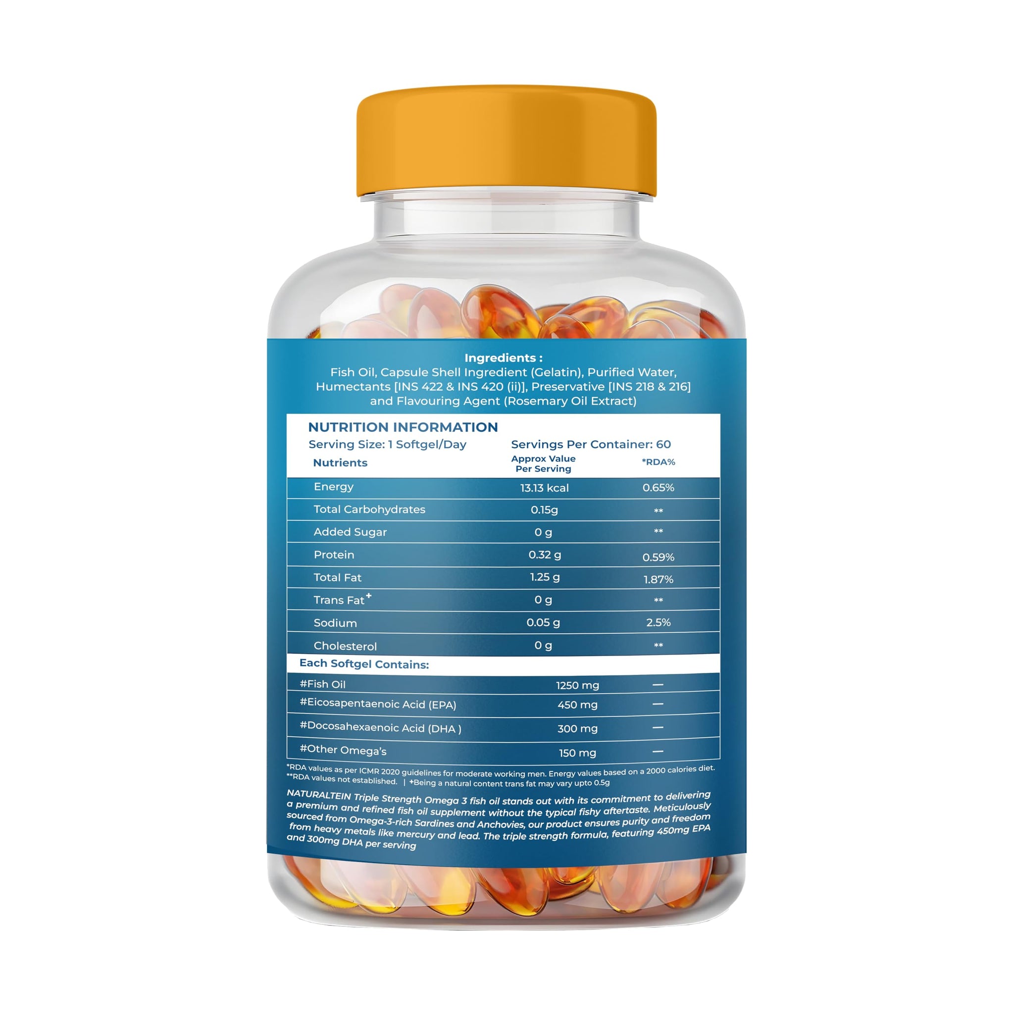 NATURALTEIN Omega-3 Fish Oil Softgels, Triple Strength 1250mg, with Vitamin D3 & E, Triglyceride Form, Glyphosate-Free - back