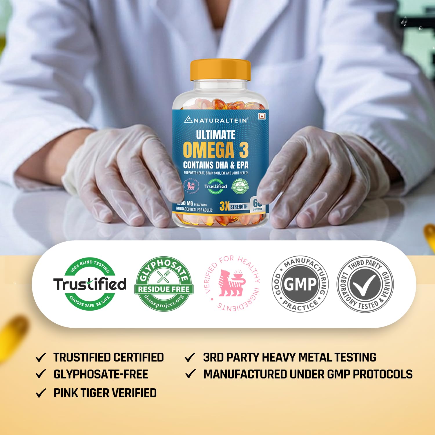 NATURALTEIN Omega-3 Fish Oil Softgels, Triple Strength 1250mg, with Vitamin D3 & E, Triglyceride Form, Glyphosate-Free - labe