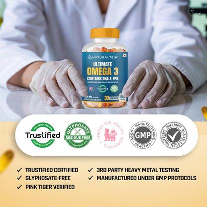 NATURALTEIN Omega-3 Fish Oil Softgels, Triple Strength 1250mg, with Vitamin D3 & E, Triglyceride Form, Glyphosate-Free - labe