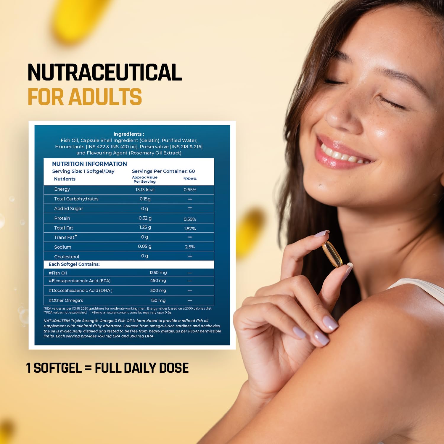 NATURALTEIN Omega-3 Fish Oil Softgels, Triple Strength 1250mg, with Vitamin D3 & E, Triglyceride Form, Glyphosate-Free - in u
