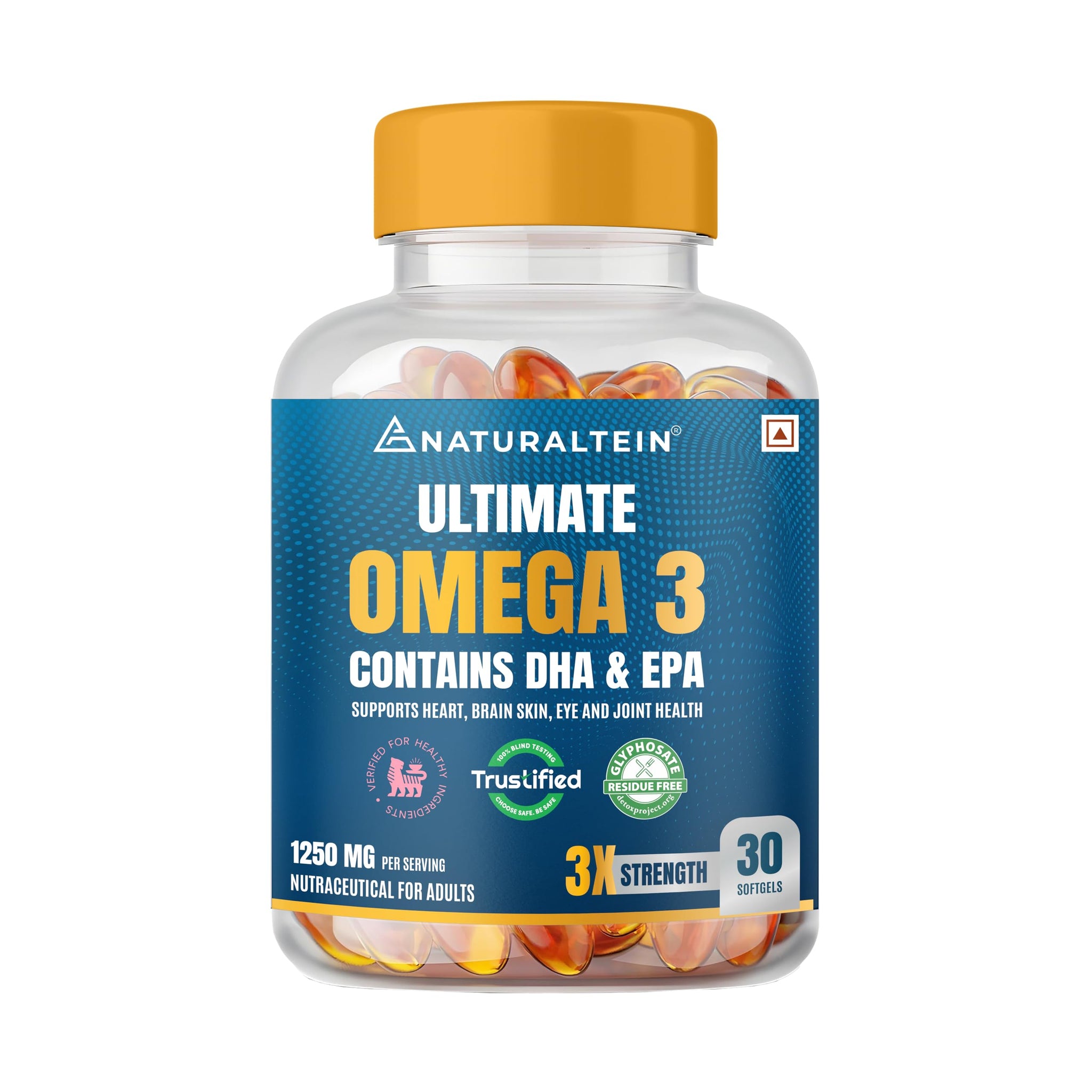 NATURALTEIN Omega-3 Fish Oil Softgels, Triple Strength 1250mg, with Vitamin D3 & E, Triglyceride Form, Glyphosate-Free (18)