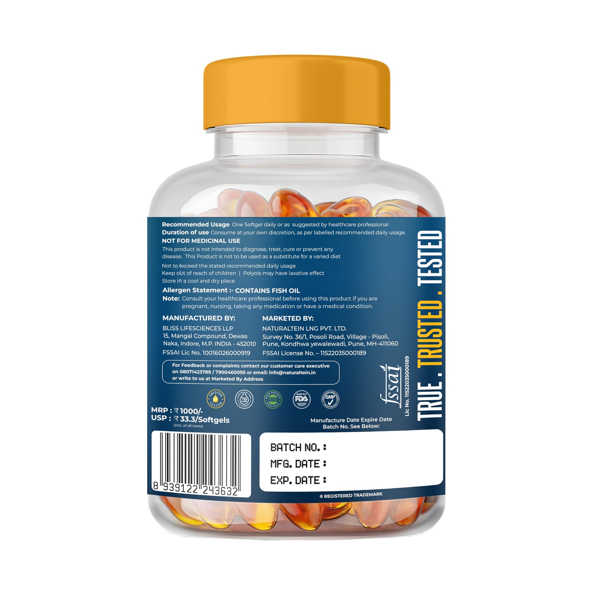 NATURALTEIN Omega-3 Fish Oil Softgels, Triple Strength 1250mg, with Vitamin D3 & E, Triglyceride Form, Glyphosate-Free - fron