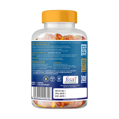 NATURALTEIN Omega-3 Fish Oil Softgels, Triple Strength 1250mg, with Vitamin D3 & E, Triglyceride Form, Glyphosate-Free - fron