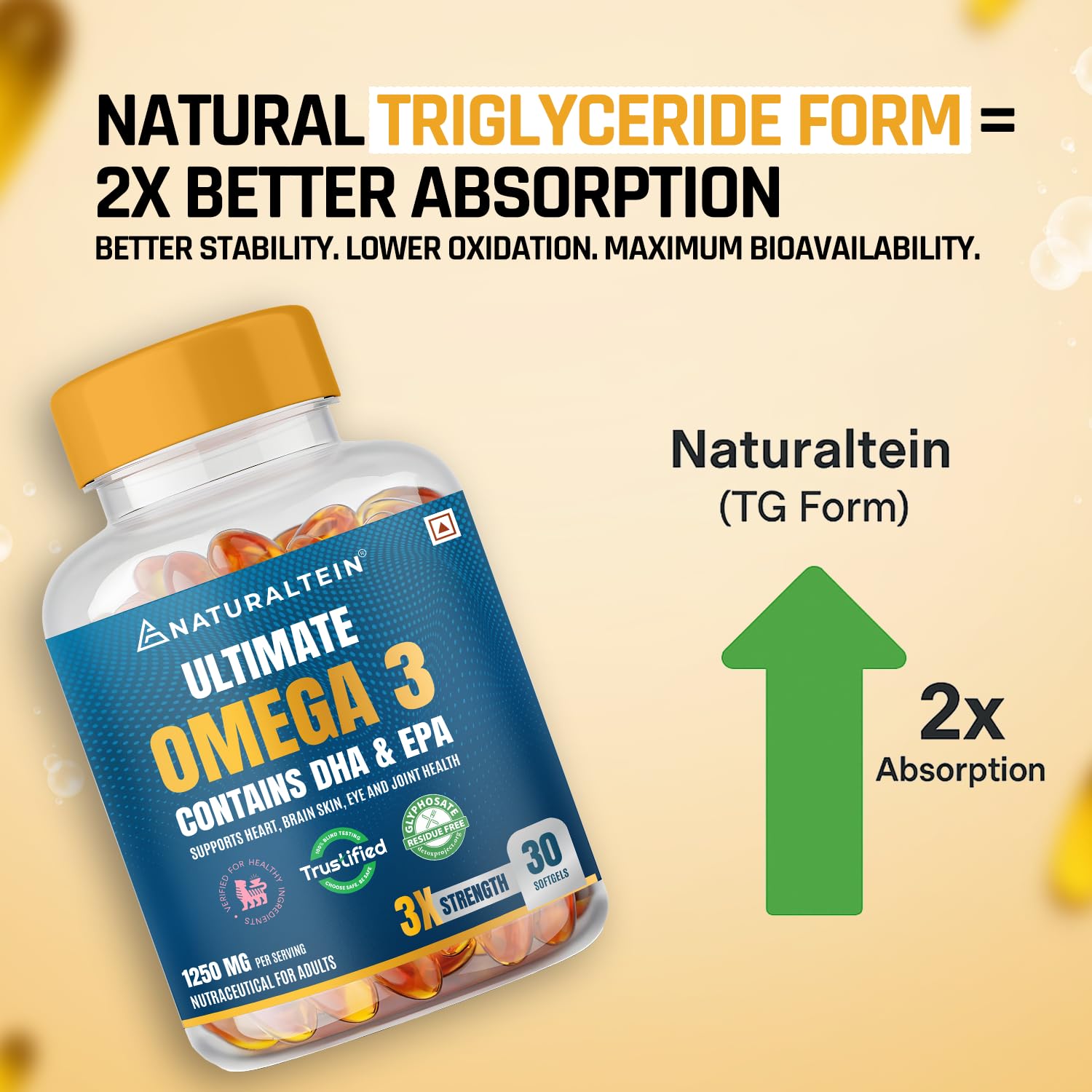 NATURALTEIN Omega-3 Fish Oil Softgels, Triple Strength 1250mg, with Vitamin D3 & E, Triglyceride Form, Glyphosate-Free - ingr