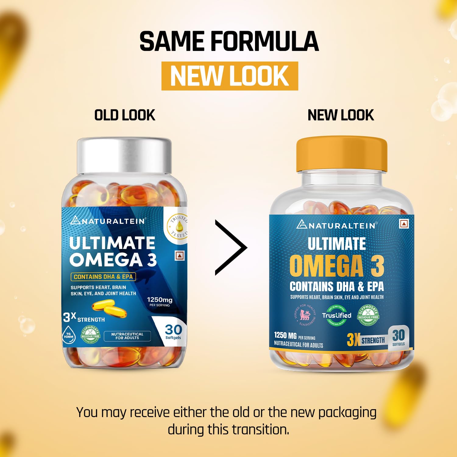 NATURALTEIN Omega-3 Fish Oil Softgels, Triple Strength 1250mg, with Vitamin D3 & E, Triglyceride Form, Glyphosate-Free - in u