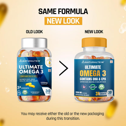 NATURALTEIN Omega-3 Fish Oil Softgels, Triple Strength 1250mg, with Vitamin D3 & E, Triglyceride Form, Glyphosate-Free - in u