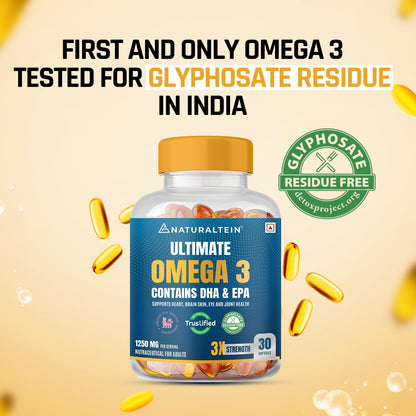 NATURALTEIN Omega-3 Fish Oil Softgels, Triple Strength 1250mg, with Vitamin D3 & E, Triglyceride Form, Glyphosate-Free - size