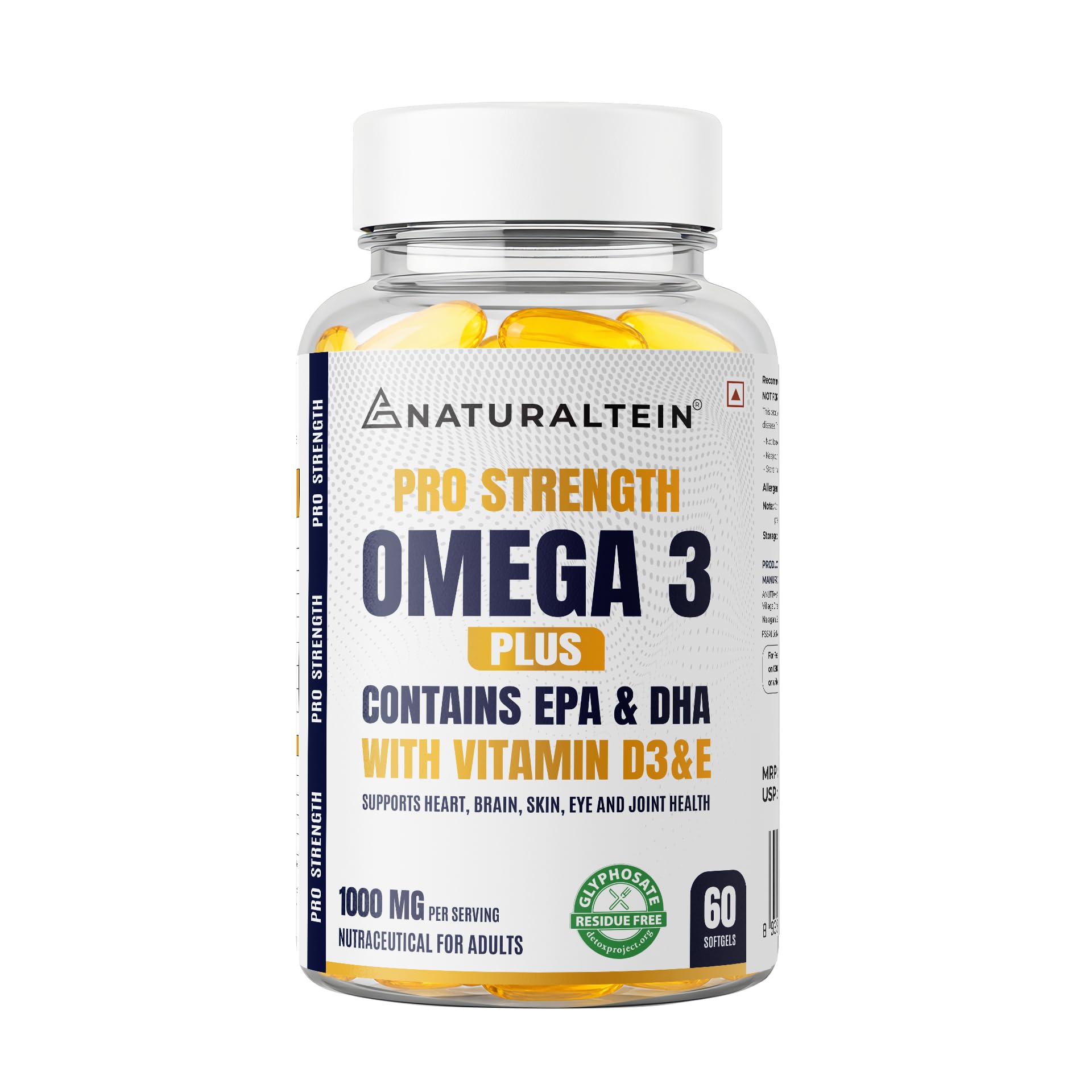 NATURALTEIN Omega-3 Fish Oil Softgels, Triple Strength 1250mg, with Vitamin D3 & E, Triglyceride Form, Glyphosate-Free (26)