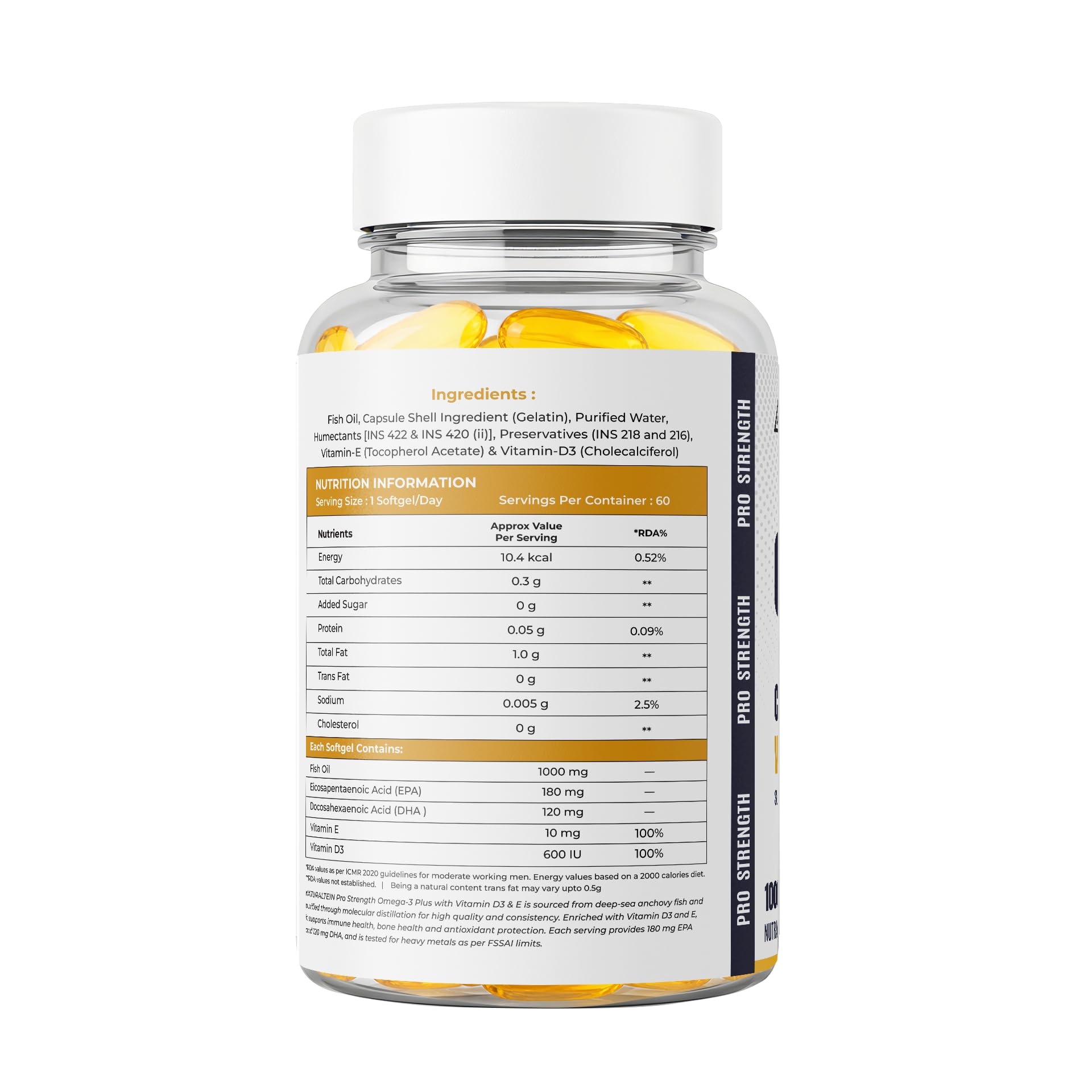 NATURALTEIN Omega-3 Fish Oil Softgels, Triple Strength 1250mg, with Vitamin D3 & E, Triglyceride Form, Glyphosate-Free - fron