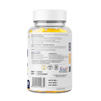 NATURALTEIN Omega-3 Fish Oil Softgels, Triple Strength 1250mg, with Vitamin D3 & E, Triglyceride Form, Glyphosate-Free - back