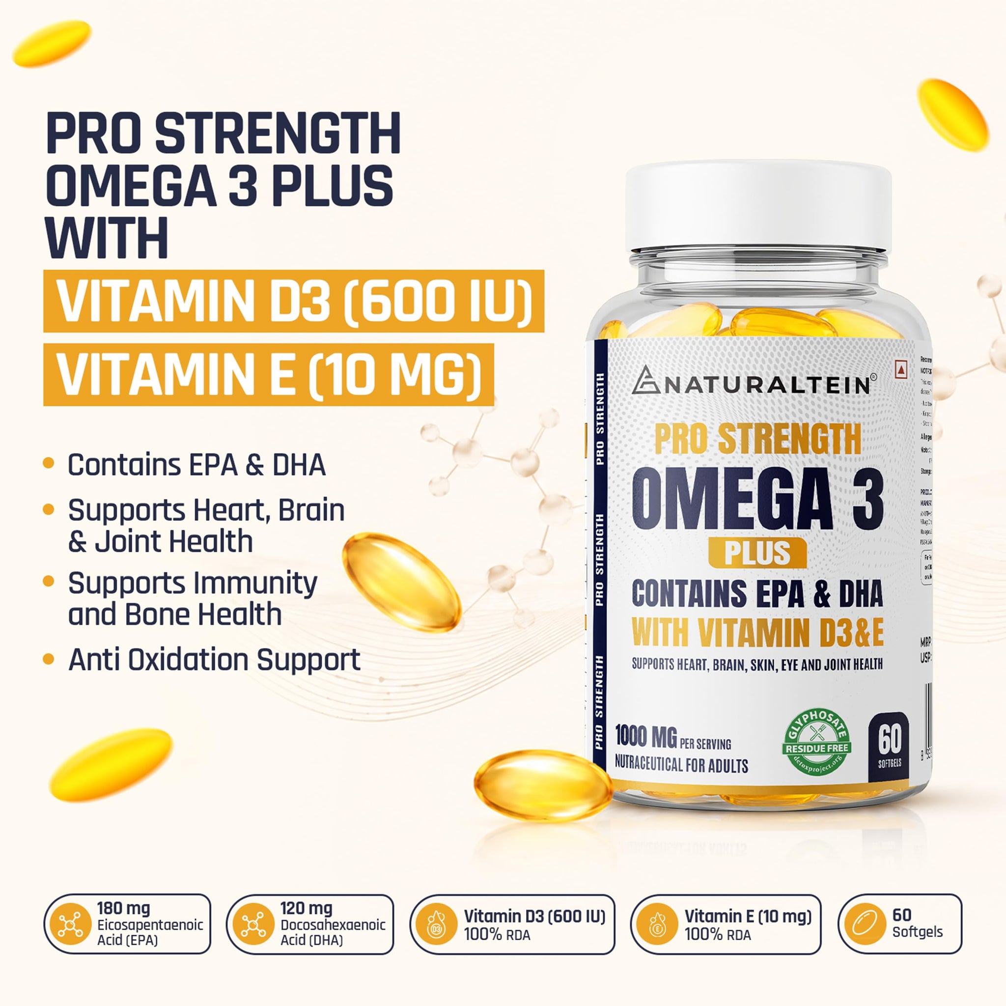 NATURALTEIN Omega-3 Fish Oil Softgels, Triple Strength 1250mg, with Vitamin D3 & E, Triglyceride Form, Glyphosate-Free - pack