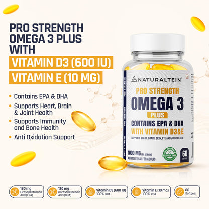 NATURALTEIN Omega-3 Fish Oil Softgels, Triple Strength 1250mg, with Vitamin D3 & E, Triglyceride Form, Glyphosate-Free - pack