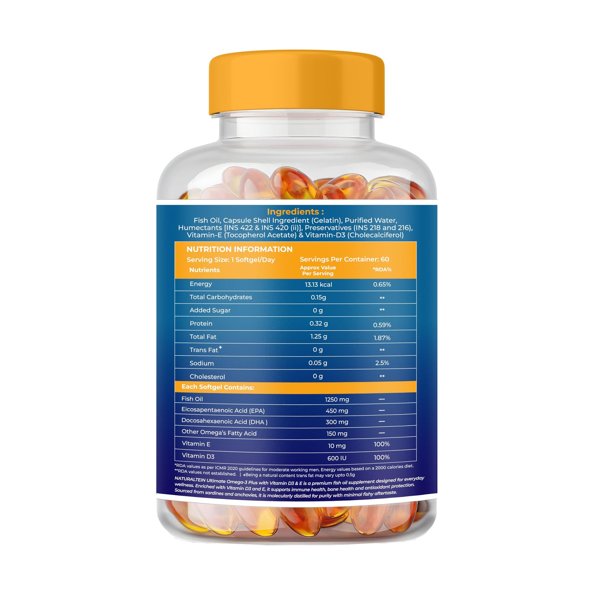 NATURALTEIN Omega-3 Fish Oil Softgels, Triple Strength 1250mg, with Vitamin D3 & E, Triglyceride Form, Glyphosate-Free - back