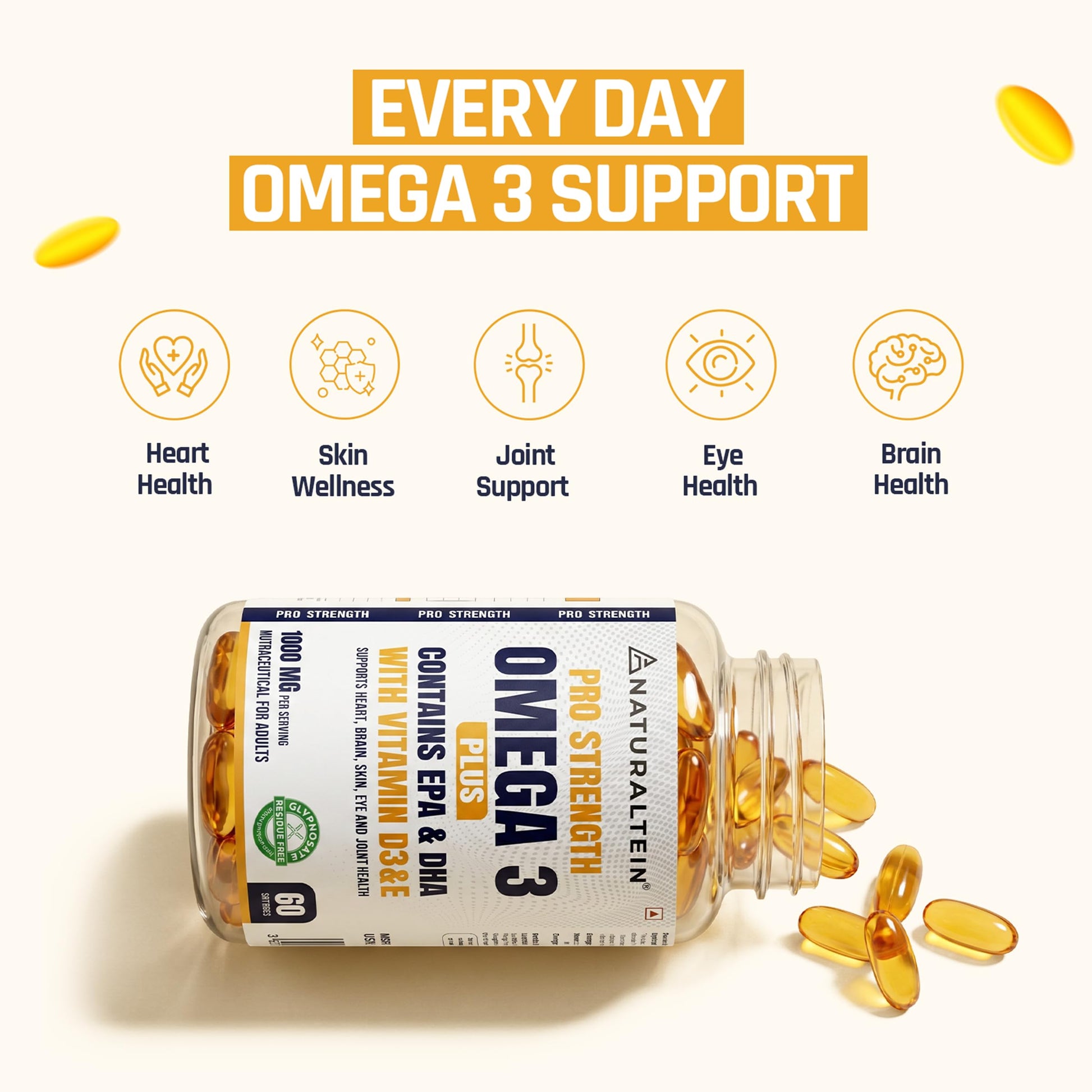 NATURALTEIN Omega-3 Fish Oil Softgels, Triple Strength 1250mg, with Vitamin D3 & E, Triglyceride Form, Glyphosate-Free - labe