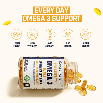 NATURALTEIN Omega-3 Fish Oil Softgels, Triple Strength 1250mg, with Vitamin D3 & E, Triglyceride Form, Glyphosate-Free - labe