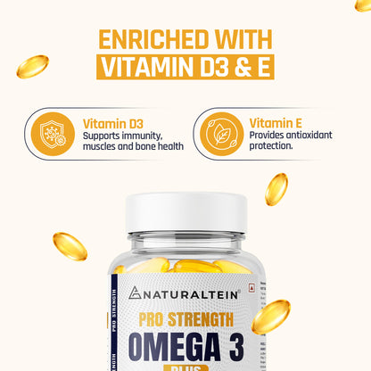 NATURALTEIN Omega-3 Fish Oil Softgels, Triple Strength 1250mg, with Vitamin D3 & E, Triglyceride Form, Glyphosate-Free - clos
