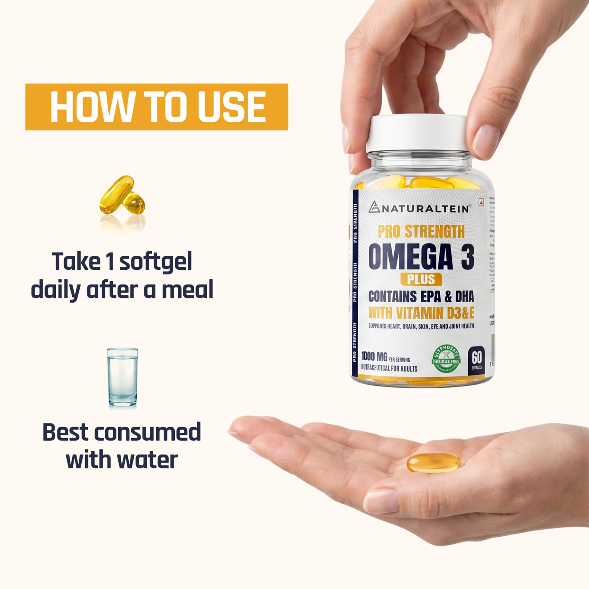 NATURALTEIN Omega-3 Fish Oil Softgels, Triple Strength 1250mg, with Vitamin D3 & E, Triglyceride Form, Glyphosate-Free - size