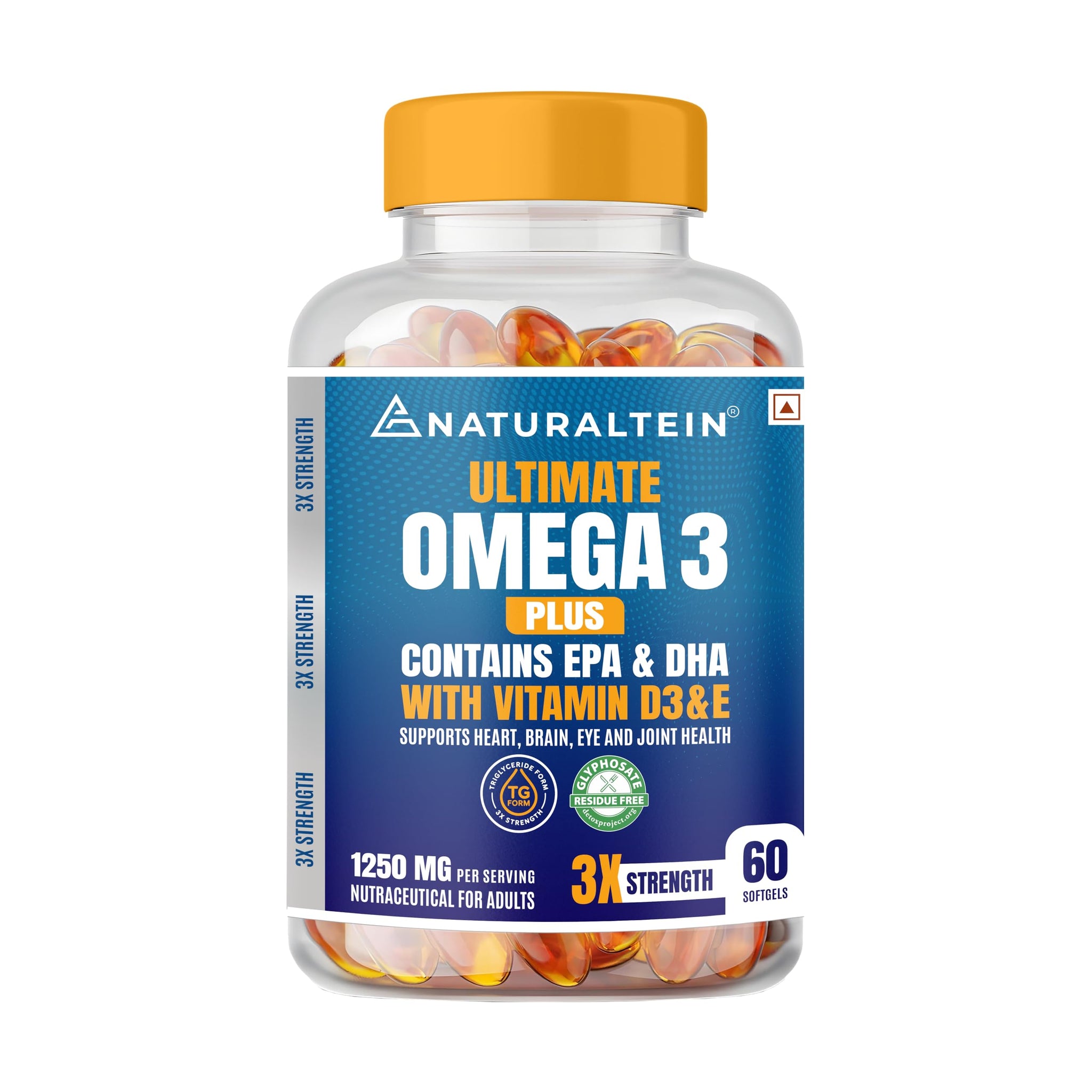 NATURALTEIN Omega-3 Fish Oil Softgels, Triple Strength 1250mg, with Vitamin D3 & E, Triglyceride Form, Glyphosate-Free (35)