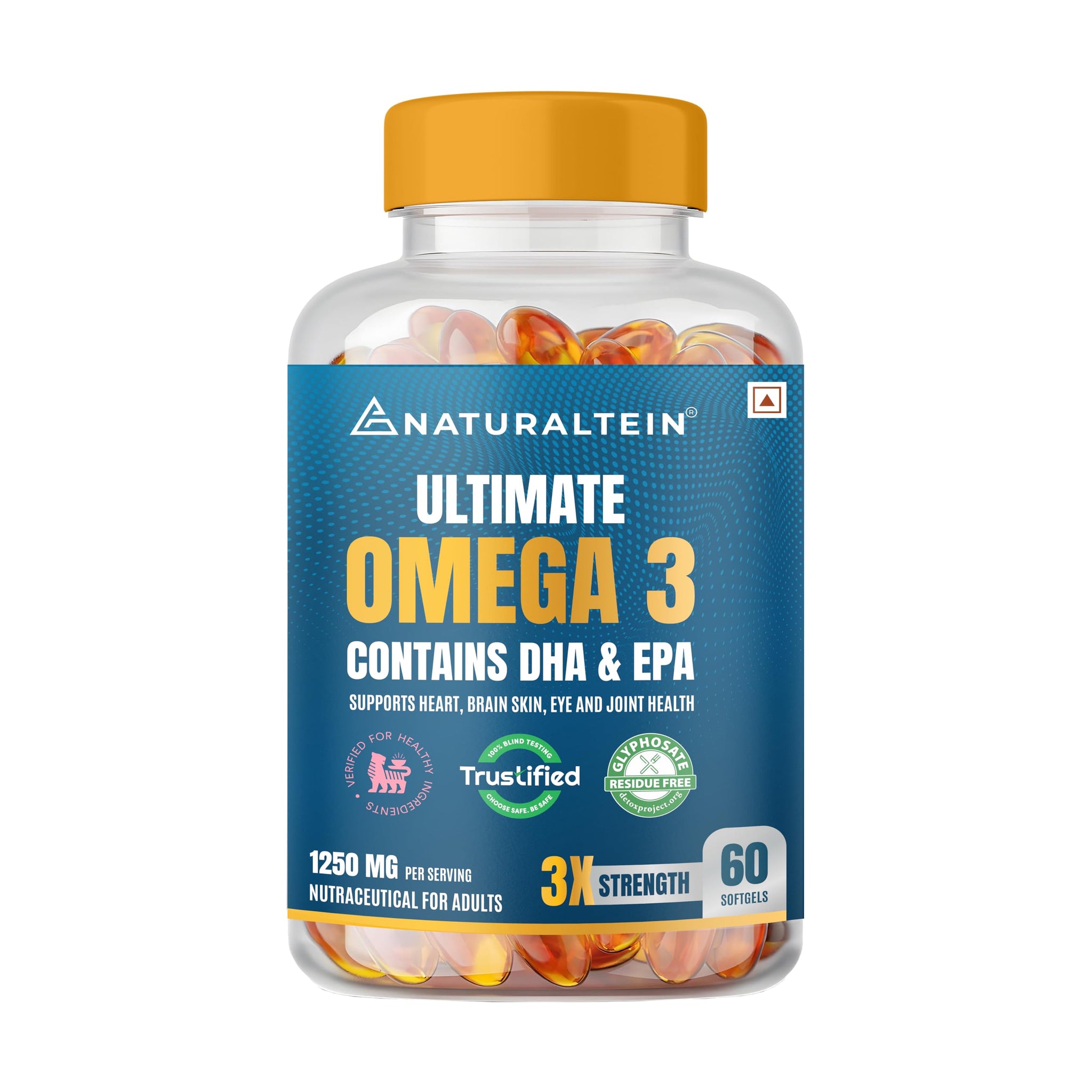NATURALTEIN Omega-3 Fish Oil Softgels, Triple Strength 1250mg, with Vitamin D3 & E, Triglyceride Form, Glyphosate-Free (36)