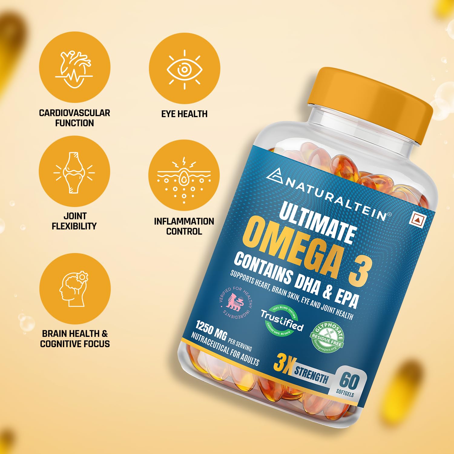 NATURALTEIN Omega-3 Fish Oil Softgels, Triple Strength 1250mg, with Vitamin D3 & E, Triglyceride Form, Glyphosate-Free - clos