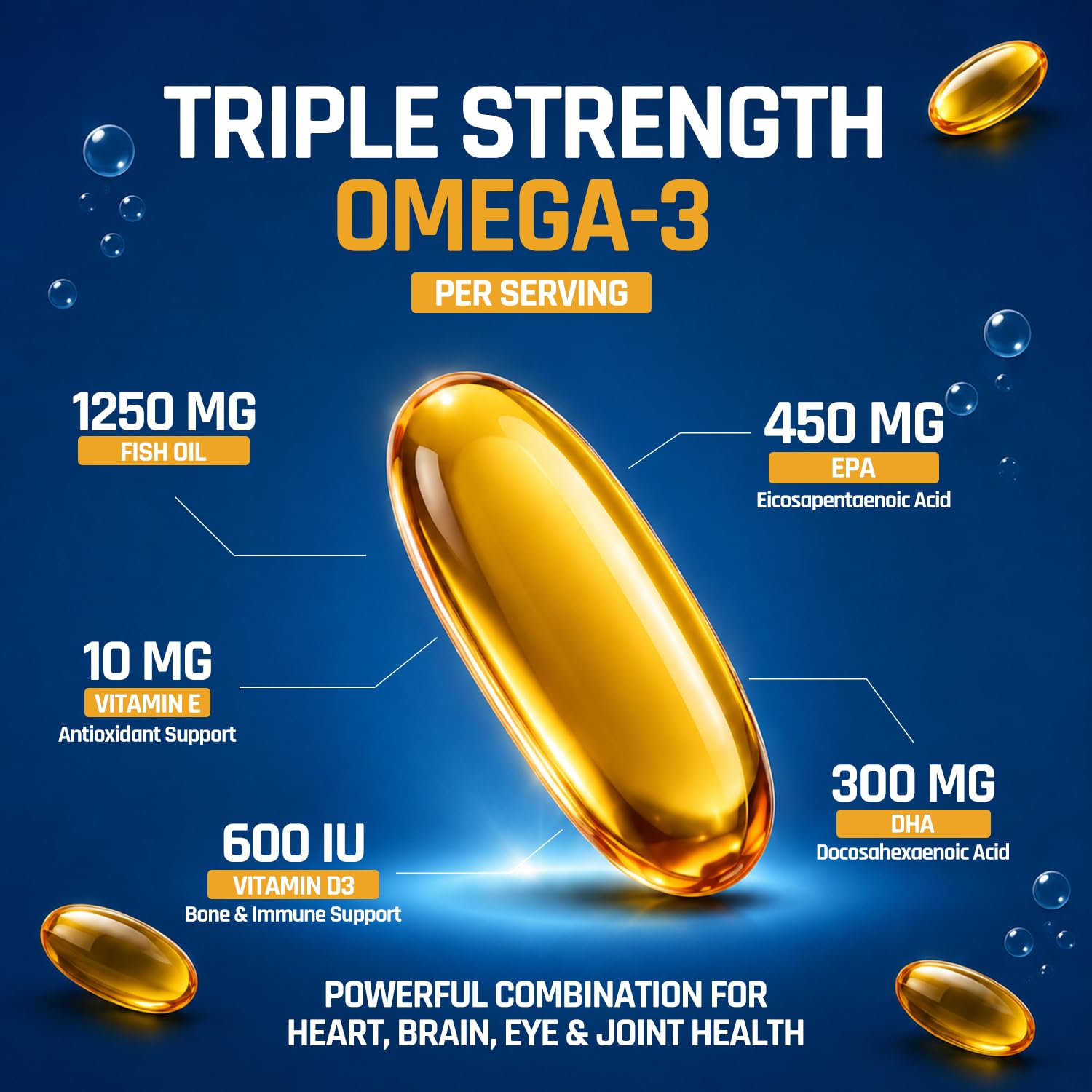 NATURALTEIN Omega-3 Fish Oil Softgels, Triple Strength 1250mg, with Vitamin D3 & E, Triglyceride Form, Glyphosate-Free - pack